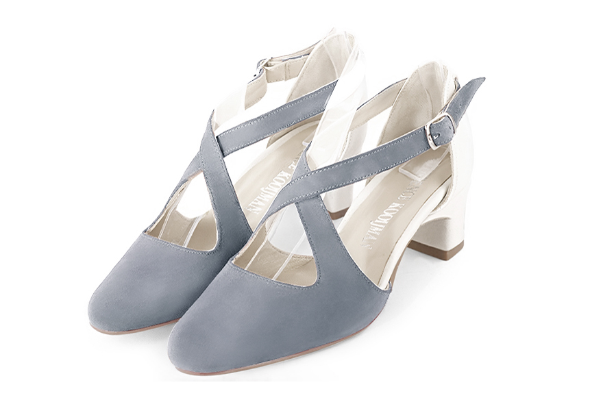 Mouse grey and off white women's open side shoes, with crossed straps.. Front view - Florence KOOIJMAN